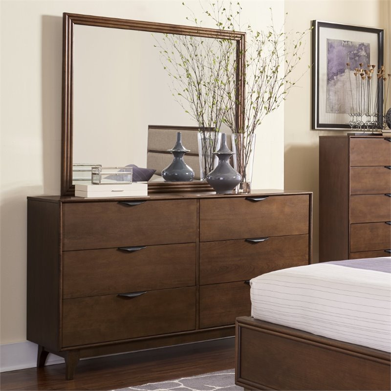 Progressive Furniture MidMod 6 Drawer Dresser and Mirror in Cinnamon