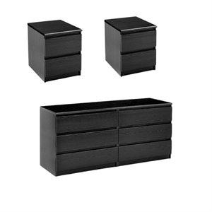 3 piece bedroom set with 6-drawer double dresser and two night stands in black woodgrain