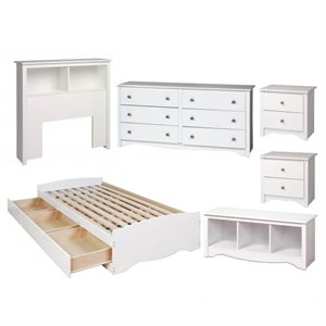 6 piece kids bedroom set with 2 nightstands, twin bed, dresser, and headboard in white