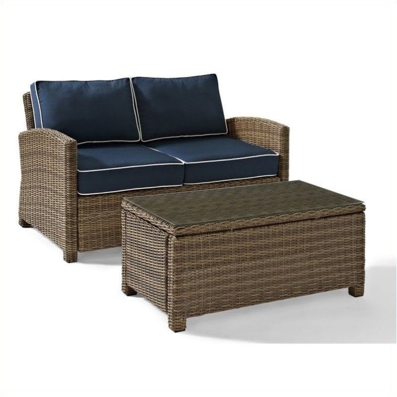3 Piece Patio Set with Loveseat, Glass Top Coffee Table, and Chair in Navy