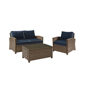 3 piece patio set with loveseat, glass top coffee table, and chair in navy