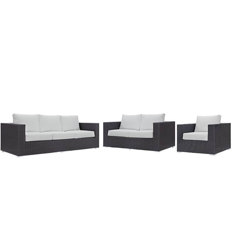 3 Piece Outdoor Sofa Set with Sofa, Loveseat, and Chair in Espresso and White