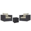 3 Piece Patio Furniture with Set of 2 Patio Chair and End Table in Espresso and Beige