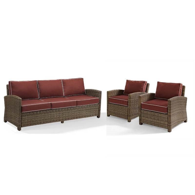 3 Piece Patio Wicker Sofa Set with Sofa and Set of 2 Chairs in Sangria