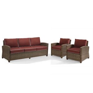 3 piece patio wicker sofa set with sofa and set of 2 chairs in sangria
