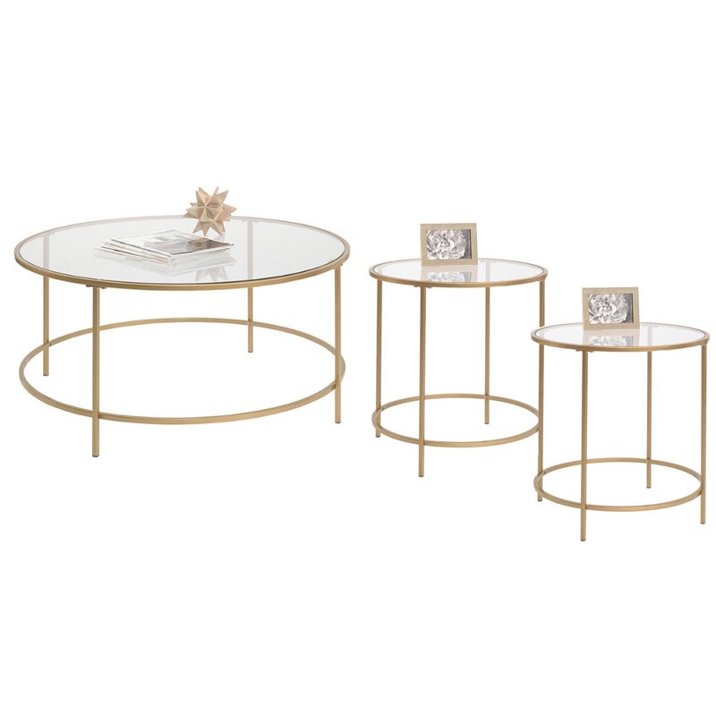 3 Piece Coffee Table Set with Coffee Table and Set of 2 End Table in Satin Gold