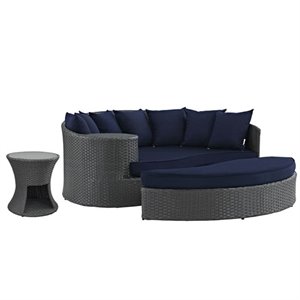 3 piece patio furniture set with daybed, ottoman, and end table in navy & chocolate weave