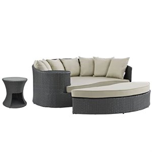 3 piece patio furniture set with daybed, ottoman, and end table in beige