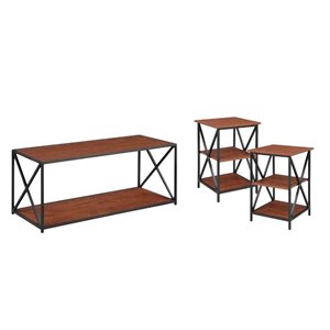 3 piece coffee table set with coffee table and set of 2 end tables in black & cherry