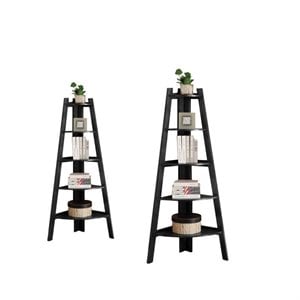 (Set of 2) 5 Shelf Corner Bookcase in Black
