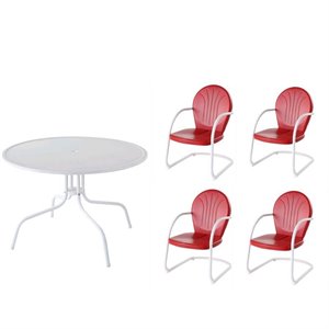 5 piece patio dining set with set of 4 red arm chairs and table in white