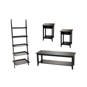 4 piece living room set with ladder bookshelf, coffee table, and (set of 2) end table in black