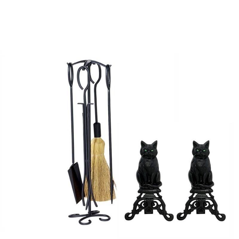 Fireplace Tool Set With Cast Iron Cats 5 Piece Black Wrought