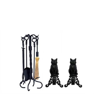 fireplace tool set with cast iron cats & 5 piece black wrought iron ring and swirl fireset
