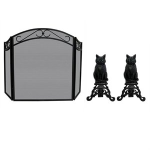2 piece fireplace tool set with cast iron cats & fold arch top screen in black
