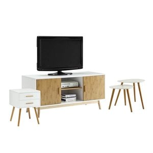 4 piece living room set with tv stands and end tables in white and natural