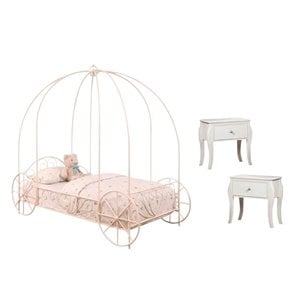3 piece kids bedroom set with pink canopy bed and (set of 2) night stands in white