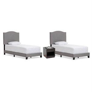 3 piece kids bedroom set with set of 2 twin bed in gray and night stand in dark brown
