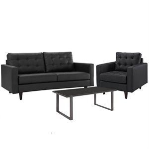 3 piece living room set with black leather sofa set and brown coffee table