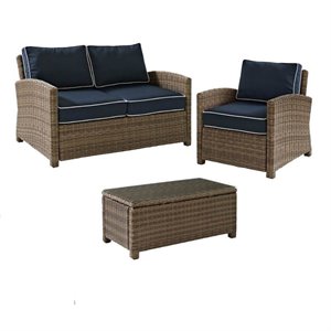 3 Piece Wicker Patio Sofa Set with Loveseat and Arm chair with Coffee Table in Blue