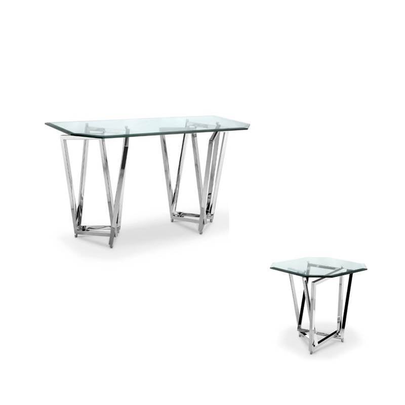 2 Piece Glass Square Octagonal Console and End Table in Clear