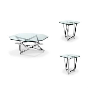 3 piece octagonal glass coffee and end table set in clear 