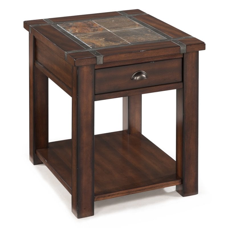(Set of 2) Wood End Table in Cherry and Slate