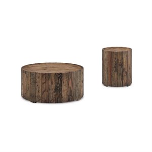 2 piece cabin style coffee and end table set in rustic pine