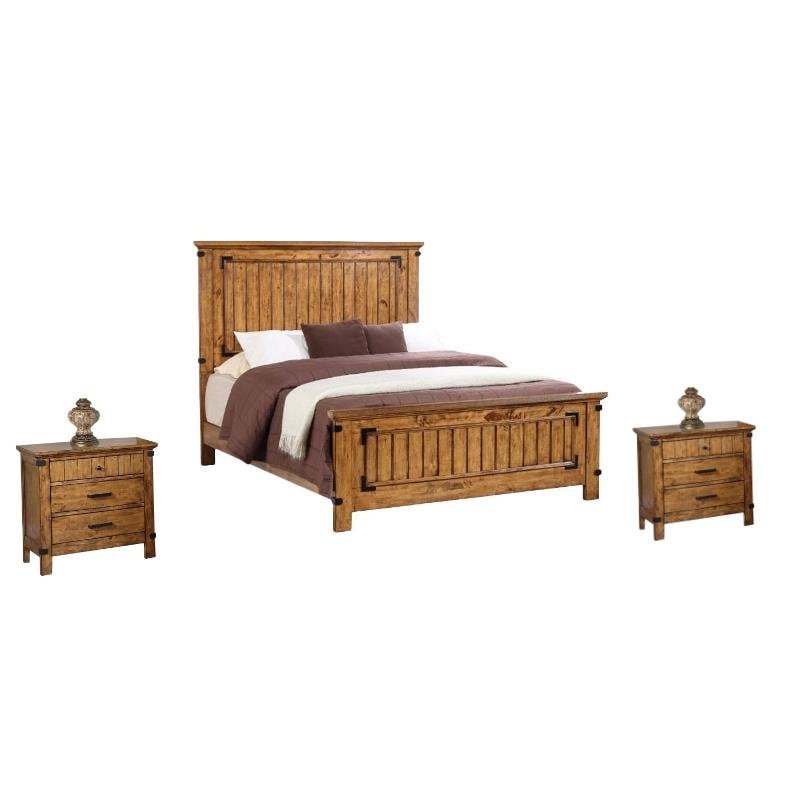 3 Piece Cabin Wood Full Bed and Night Stand Set in Natural Brown