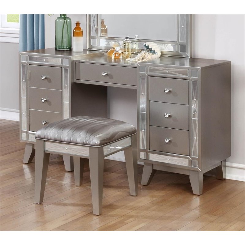 Set Of 3 Metallic Vanity Table And Stool With Mirror 1855610 Pkg