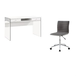 set of 2 modern glossy white computer desk and gray and chrome chair