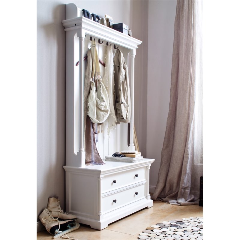 2 Piece Console Table and Hall Tree with Storage in White