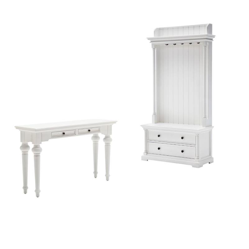 2 Piece Console Table and Hall Tree with Storage in White