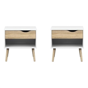 Set of 2 Nightstands in White and Oak
