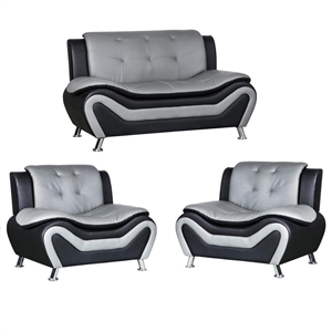 kingway furniture gilan faux leather 3 pc loveseat and 2 chair set in black/grey