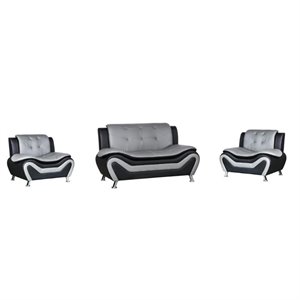 kingway furniture gilan faux leather 3 pc loveseat and 2 chair set in black/grey