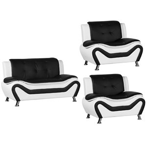 kingway furniture gilan faux leather 3pc loveseat and 2 chair set in black/white