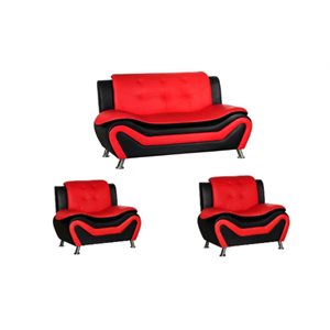 kingway furniture gilan faux leather 3 pc loveseat and 2 chair set in black/red