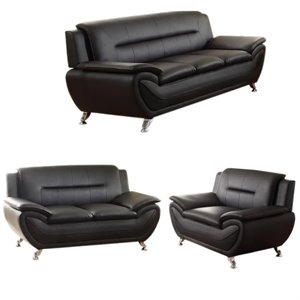 3 piece modern living room sofa set with sofa loveseat and armchair in black