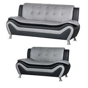 3 piece faux leather living room set of 2 tone sofa and armchair in black/gray