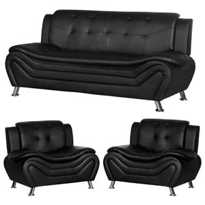 3 piece living room set with sofa and 2 armchairs in black