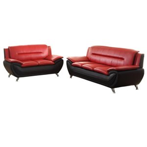 2 piece faux leather living room set with sofa and loveseat in red/black