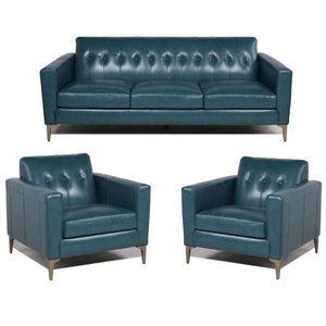 3 piece tufted back leather sofa set with 2 accent chairs in turquoise