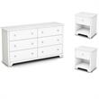 6 Drawer Double Dresser and 2 Nightstands Bedroom Set in White & Nickel Handles