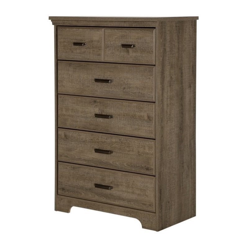 4Pcs Wood Double Dresser 5 Drawer Dresser and 2 Nightstands Set in Weathered Oak