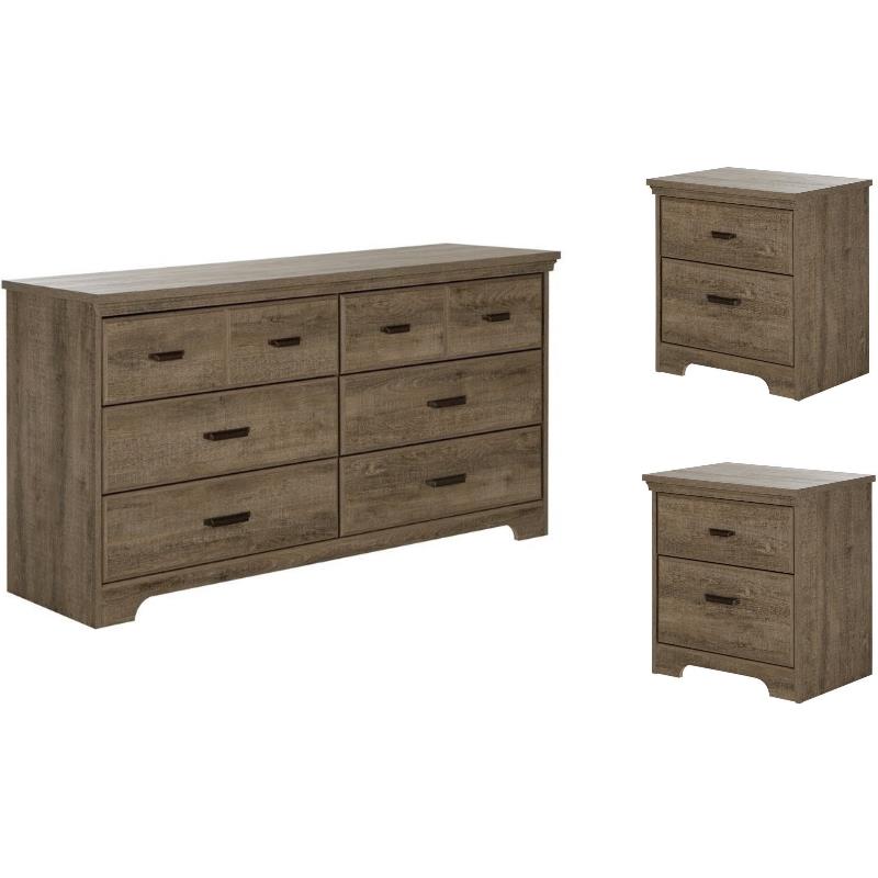 4pc Wood Dresser and 2 Nightstands Bedroom Set in Oak & Antique Handles