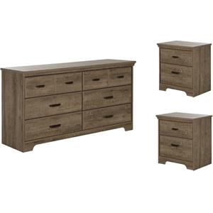 3 piece traditional double dresser and 2 nightstands bedroom storage set with antique handles