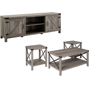 4 piece barn door tv stand coffee table and 2 end table set
