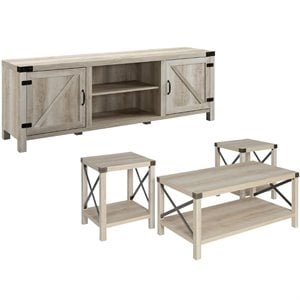 4 Pieces Metal Barn Door TV Stand Coffee Table and 2 End Table Set in White Oak