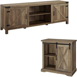 2 Piece Barn Door TV Stand Console and Buffet Side Table Set in Rustic Oak